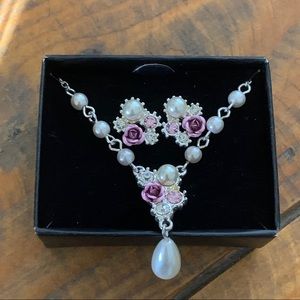 SAO Faux Pear & Rose Necklace & Earrings Set